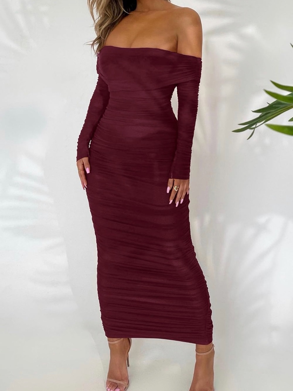 *New* Off-Shoulder Long Sleeve Bodycon Dress in Burgundy
